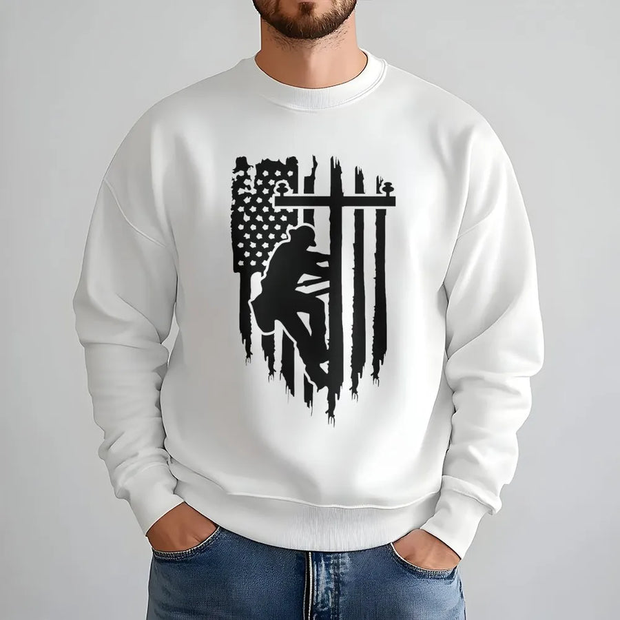 Lineman American Flag Sweatshirt | Distressed Utility Power Worker Design | Premium Cotton Blend | Patriotic Gift for Lineworkers & Electricians