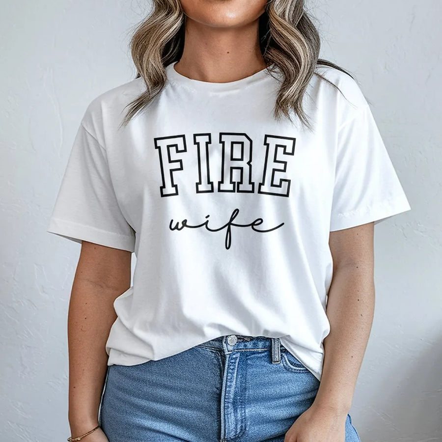 Fire Wife T-Shirt | Bold Collegiate & Script Font Design | Cozy Cotton Blend Pullover | Proud Gift for New Firefighter Spouse