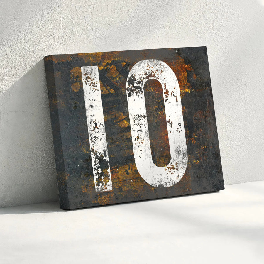 Number 10 Industrial Canvas Wall Art | Distressed Rusted Metal Aesthetic | 1.25" Gallery Wrap Premium Print | Modern Home & Office Decor Gift