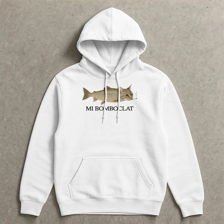 Mi Bomboclat Hoodie | Funny Smoking Cat Fish Meme Graphic | Soft Cotton-Poly Blend | Unisex Jamaican Patois Streetwear Gift