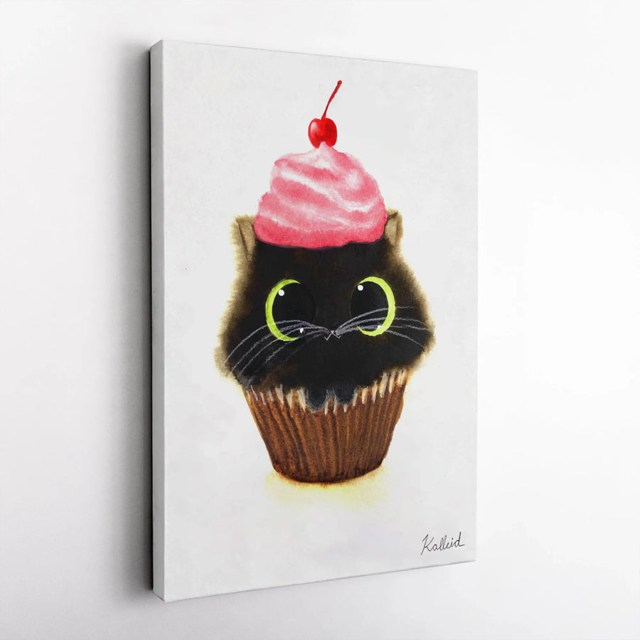 Black Cat Cupcake Canvas Print | Whimsical Kitten Dessert Wall Art | Gallery Wrapped Premium Decor | Cute Animal Lover Gift For Nursery