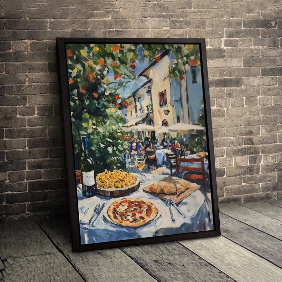 Italian Cafe Canvas Art | Romantic Street Scene With Pizza And Wine | Premium Gallery Wrap Print | Kitchen Wall Decor Gift