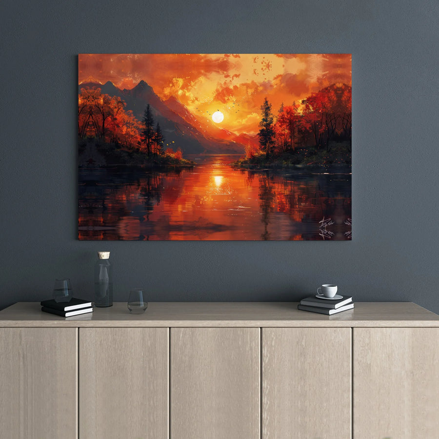 Autumn Mountain Lake Canvas Wall Art | Golden Sunset Forest Landscape | 1.25” Gallery Wrap Premium Print | Large Modern Home Decor Gift