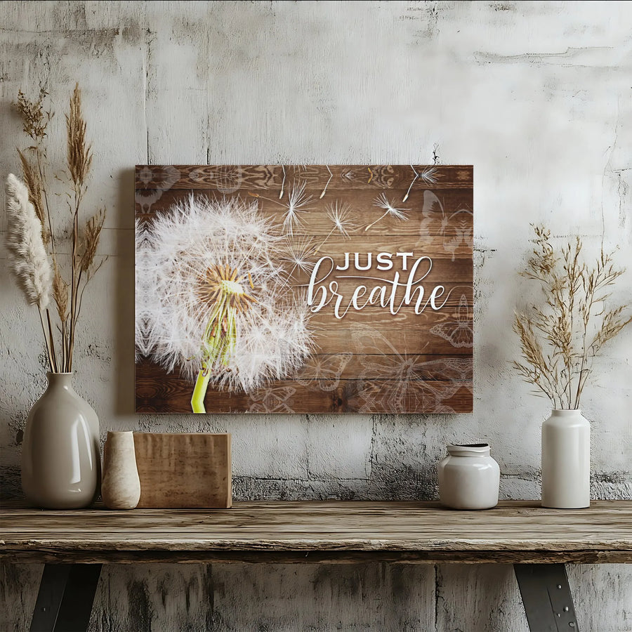 Just Breathe Dandelion Wall Art | Rustic Wood Background with Butterfly Print | Premium 1.25" Gallery Wrapped Canvas | Calming Decor Gift
