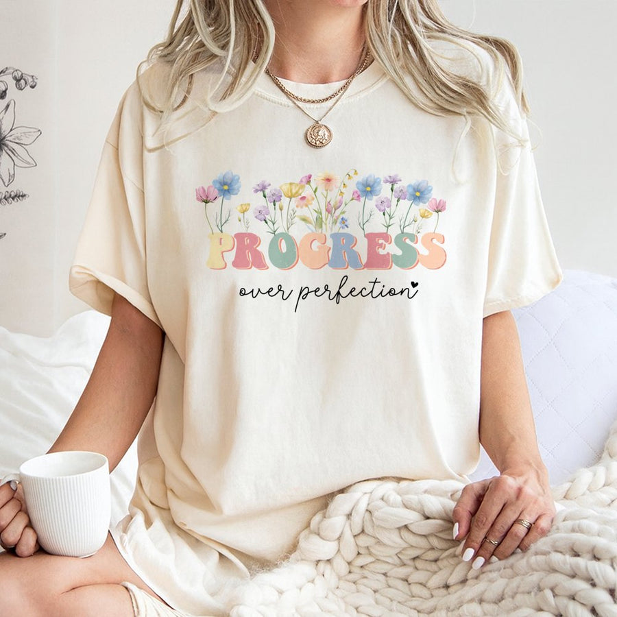 Progress Over Perfection T-Shirt | Floral Inspirational Quote Graphic | Premium Soft Cotton Tee | Teacher Gift & Mental Health Awareness Apparel
