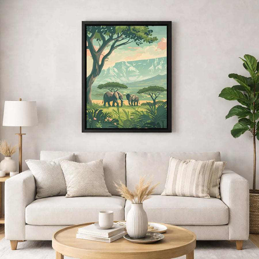 African Elephant Canvas Wall Art | Stylized Safari Landscape Print | Premium 1.25-Inch Gallery Wrap | Wildlife Nature Gift for Home Decor