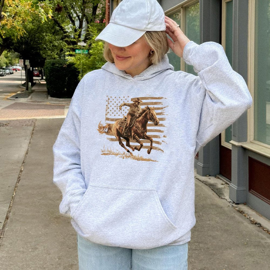 Cowboy Horse Hoodie | Patriotic American Flag Western Graphic | Premium Cotton Blend | Gift for Rancher Country Music Lover