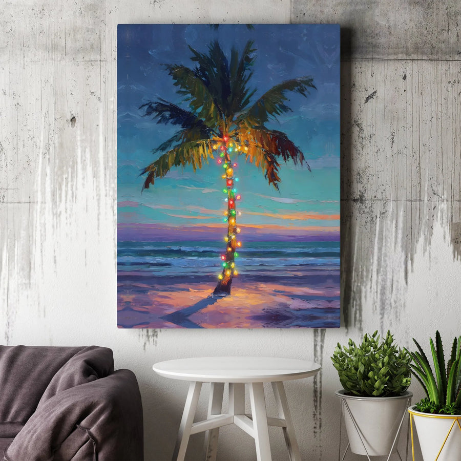 Tropical Christmas Palm Tree Canvas | Festive Coastal Beach Sunset Wall Art | Premium Gallery Wrap Decor | Holiday Living Room Gift for Beach Lovers