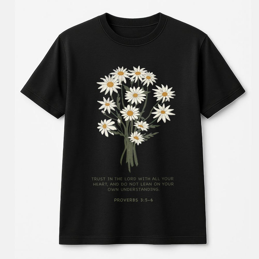 Proverbs 3:5-6 Bible Verse T-Shirt | Floral Daisy Scripture Design | Premium 100% Cotton Tee | Inspirational Christian Faith Gift for Women