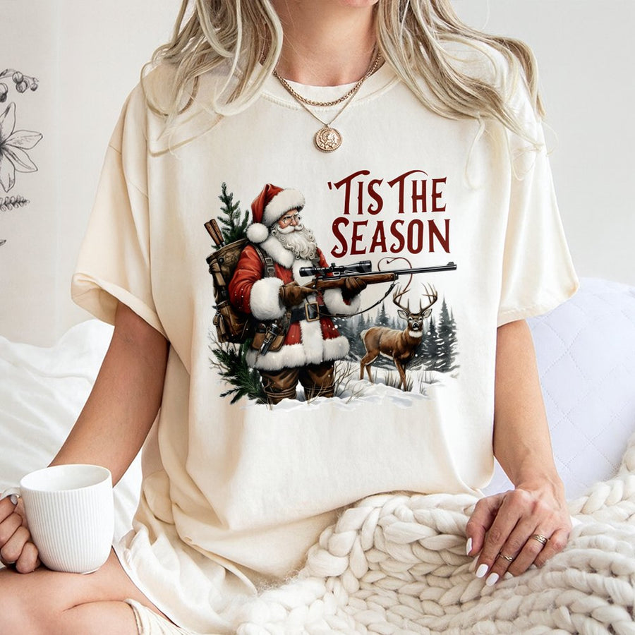 Tis The Season Santa Hunting T-Shirt | Funny Christmas Deer Hunter Graphic | Premium 100% Cotton Tee | Holiday Gift for Men and Women