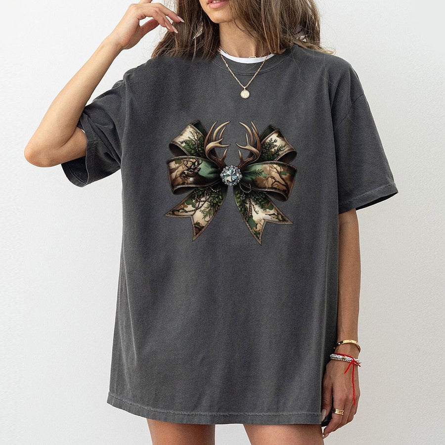 Camo Deer Bow T-Shirt | Rustic Antler Hunting Graphic | Premium 100% Cotton | Country Glam Gift for Women Outdoors