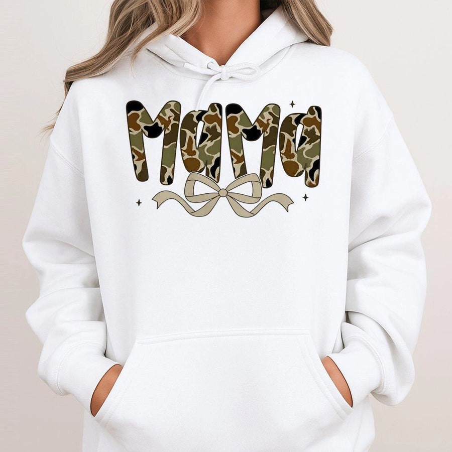 Mama Camo Hoodie with Bow | Preppy Duck Camouflage Graphic | Premium Cotton Blend Sweatshirt | Gift for Mom or Hunter Girlfriend