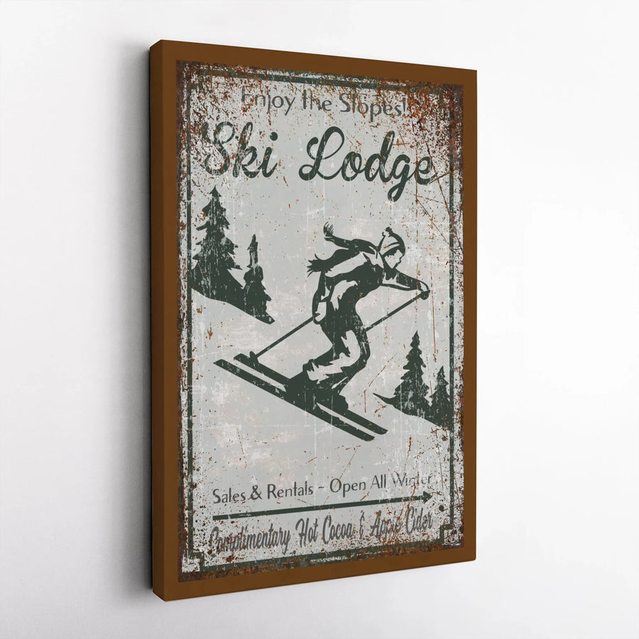 Ski Lodge Wall Art | Vintage Distressed Mountain Scenery | Premium 1.25-Inch Gallery Wrap Canvas | Gift for Skiers and Winter Cabin Decor