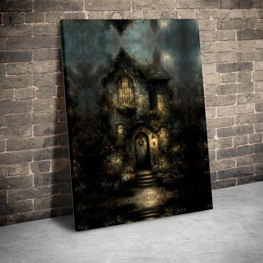 Dark Fantasy Cottage Wall Art | Enchanted Gothic Home Decor | Premium Fade-Resistant Canvas Print | Moody Forest Landscape Gift
