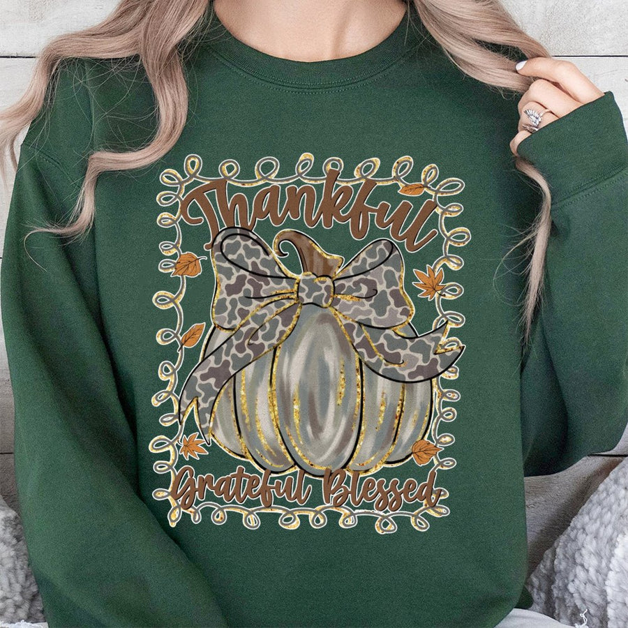 Thankful Grateful Pumpkin Sweatshirt | Leopard Print Coquette Bow Design | Soft Cotton Blend | Thanksgiving Fall Gift For Women