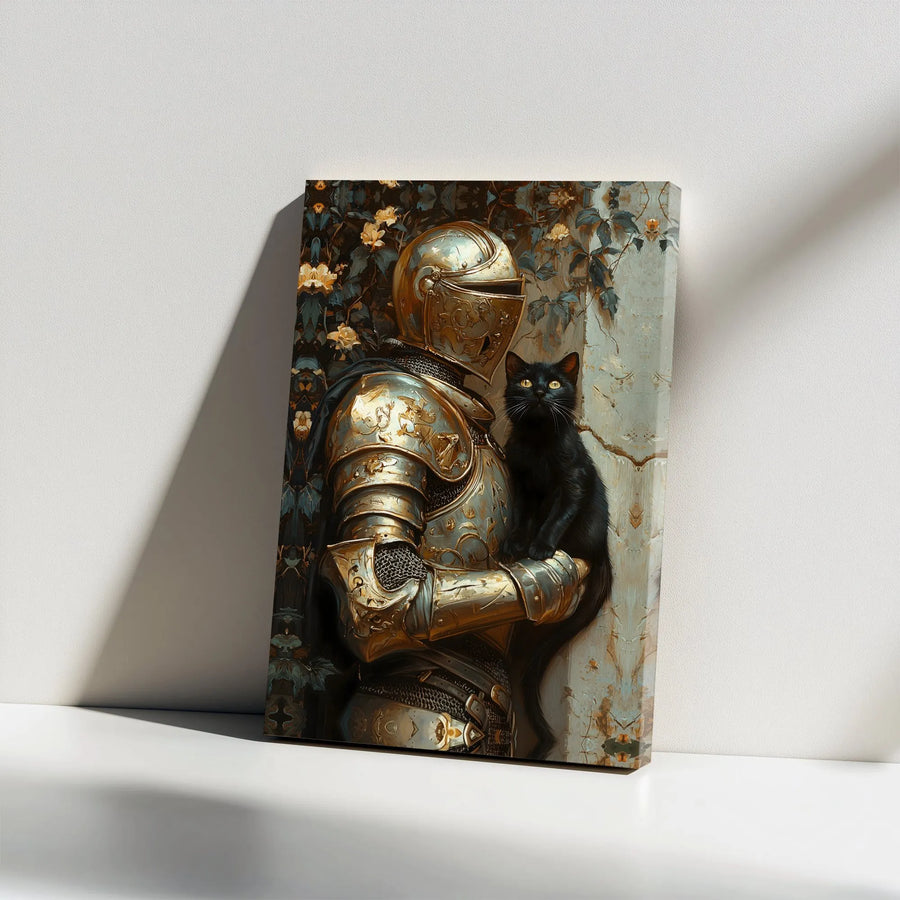 Knight and Black Cat Canvas Art | Golden Armor Fantasy Painting | Premium Gallery Wrapped Decor | Unique Gift for Cat Lovers & History Buffs