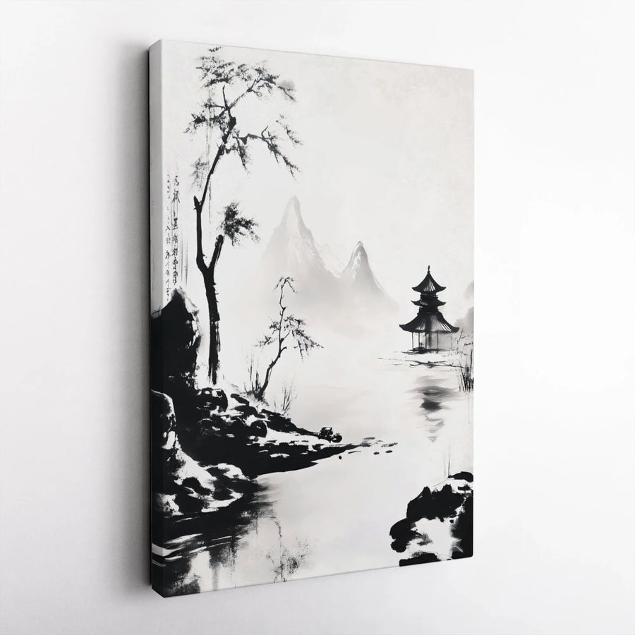 Japanese Ink Wash Painting Canvas | Black and White Pagoda Landscape | Premium Gallery Wrap Wall Art | Zen Home Decor for Living Room
