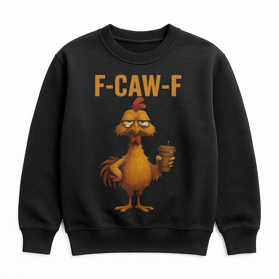 F-Caw-F Funny Rooster Sweatshirt | Coffee Lover Chicken Meme Graphic | Premium Cotton Blend Crewneck | Sarcastic Farm Animal Gift for Coffee Addicts