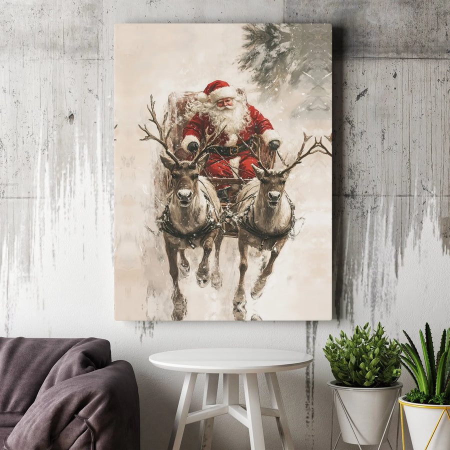 Santa Claus Reindeer Sleigh Canvas Wall Art | Rustic Christmas Holiday Painting Print | 1.25-Inch Premium Gallery Wrap | Festive Home Decor Gift