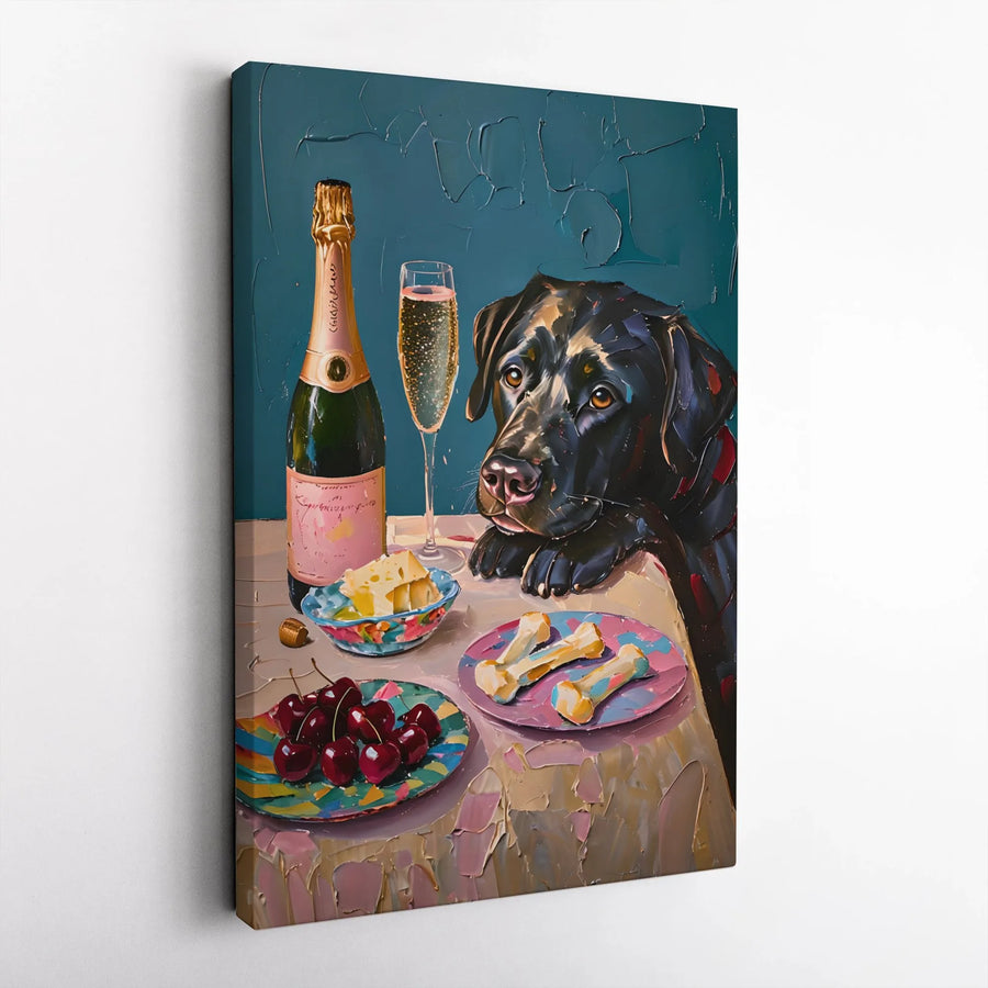 Black Labrador Canvas Wall Art | Impasto Style Dog Portrait With Champagne | Premium Gallery Wrapped Decor | Unique Pet Lover Gift Idea
