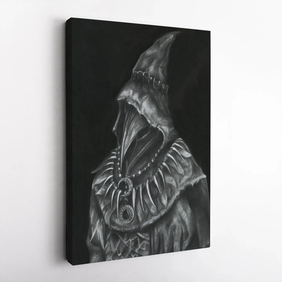 Dark Sorcerer Vertical Canvas | Mysterious Hooded Figure in Charcoal Sketch Style | Premium High-Resolution Print | Gothic Home Decor Collector's Gift