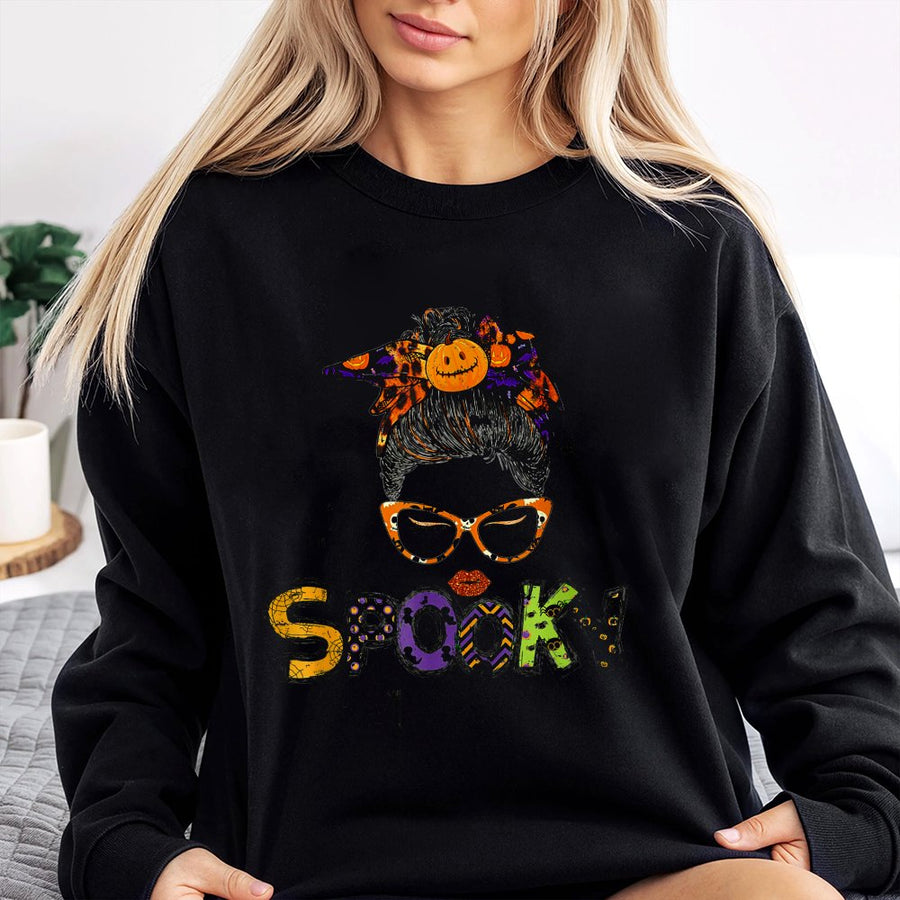 One Spooky Mama Sweatshirt | Halloween Messy Bun Pumpkin Graphic | Premium Cotton Blend Crewneck | Cute Fall Gift For Mom