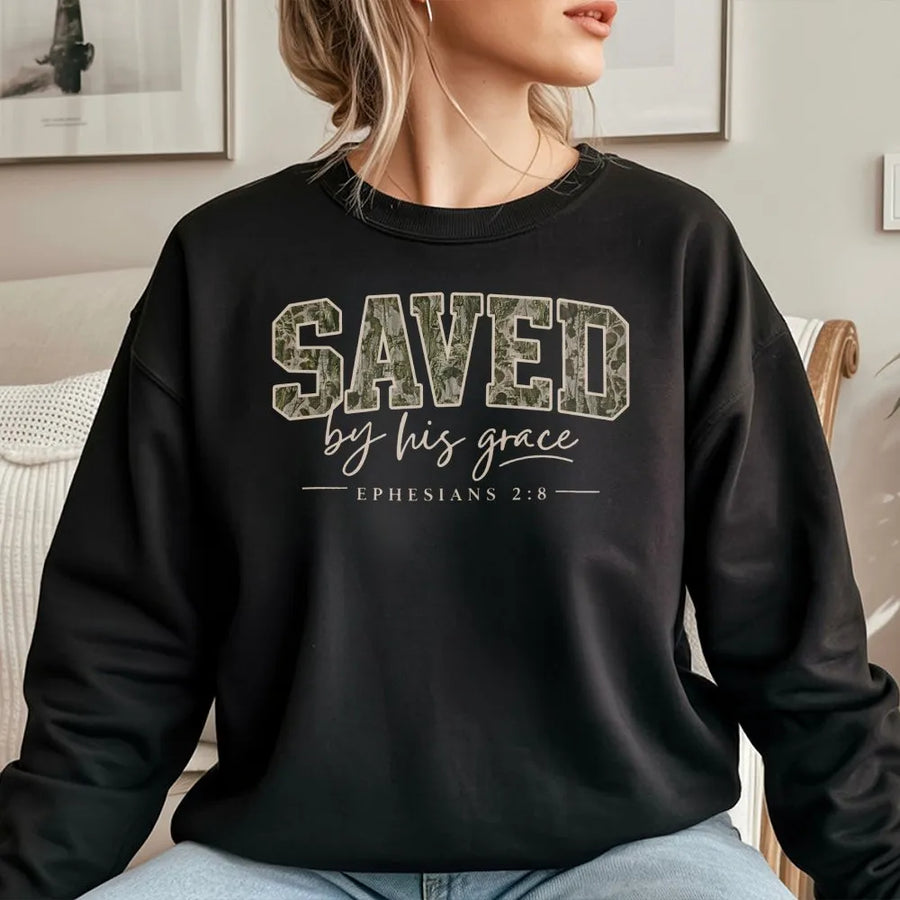 Saved By Grace Sweatshirt | Camo Print Bible Verse Graphic | Soft Cotton Blend | Christian Faith Apparel Gift for Men & Women