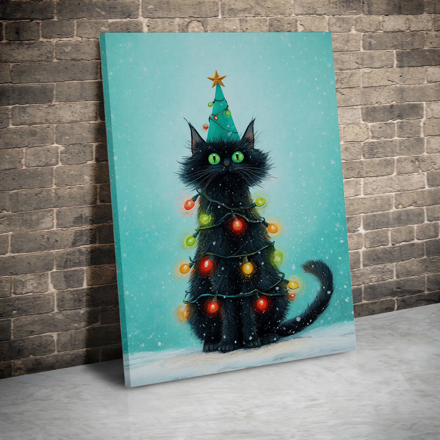 Black Cat Christmas Tree Canvas | Whimsical Holiday Wall Art | Premium Fade-Resistant Print | Festive Home Decor Gift for Cat Lovers