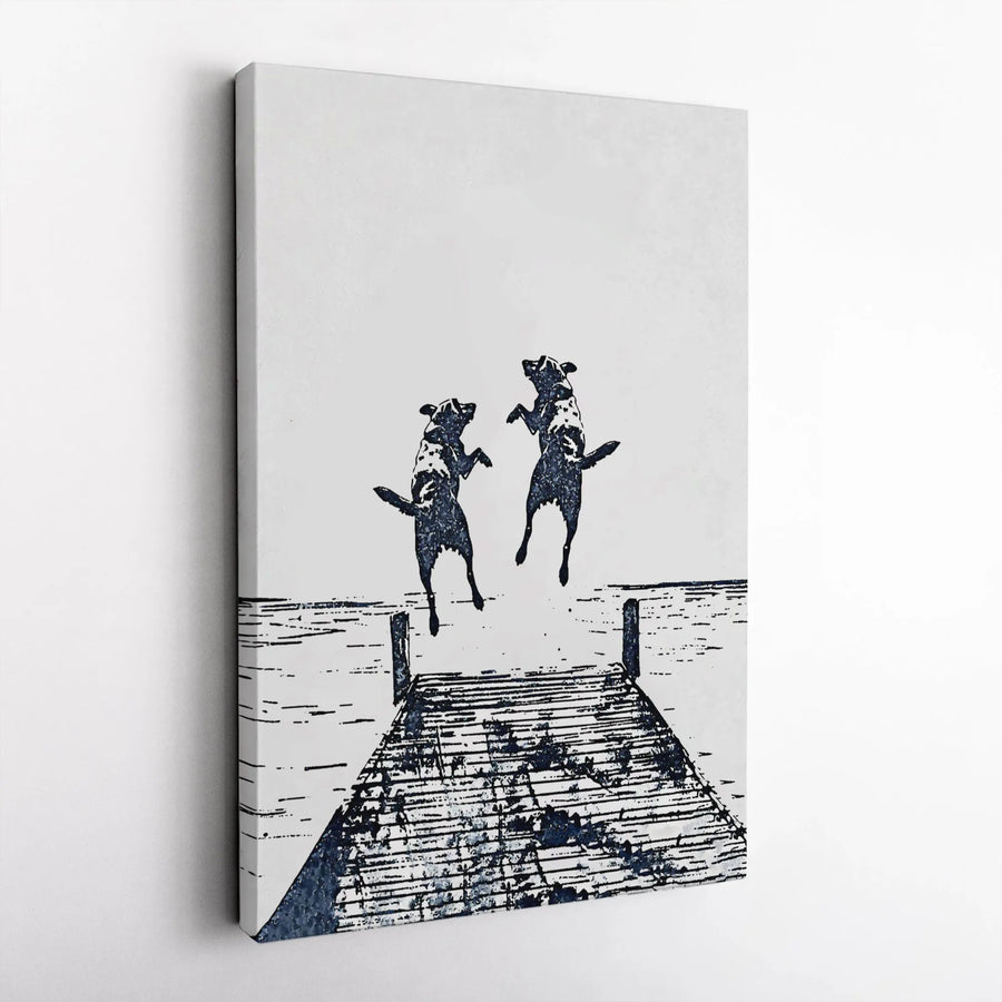 Dog Dock Diving Canvas Wall Art | Minimalist Linocut Print | Premium Gallery Wrap Canvas | Gift for Dog Lovers & Pet Owners