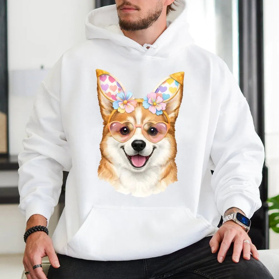 Cute Corgi Easter Hoodie | Dog with Bunny Ears & Heart Glasses | Soft Cotton Graphic Tee | Gift for Corgi Mom & Dog Lovers