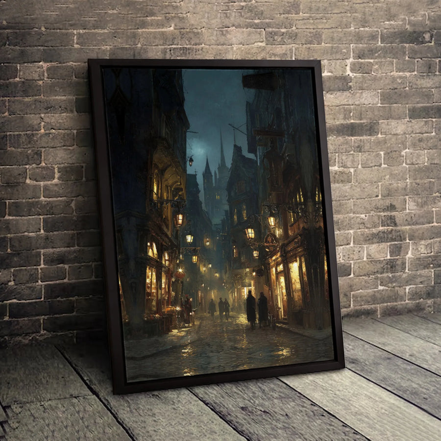 Gothic Victorian Street Canvas Wall Art | Dark Moody Cobblestone Alleyway Print | Premium Gallery-Wrapped 1.25" Profile | Atmospheric Home Decor