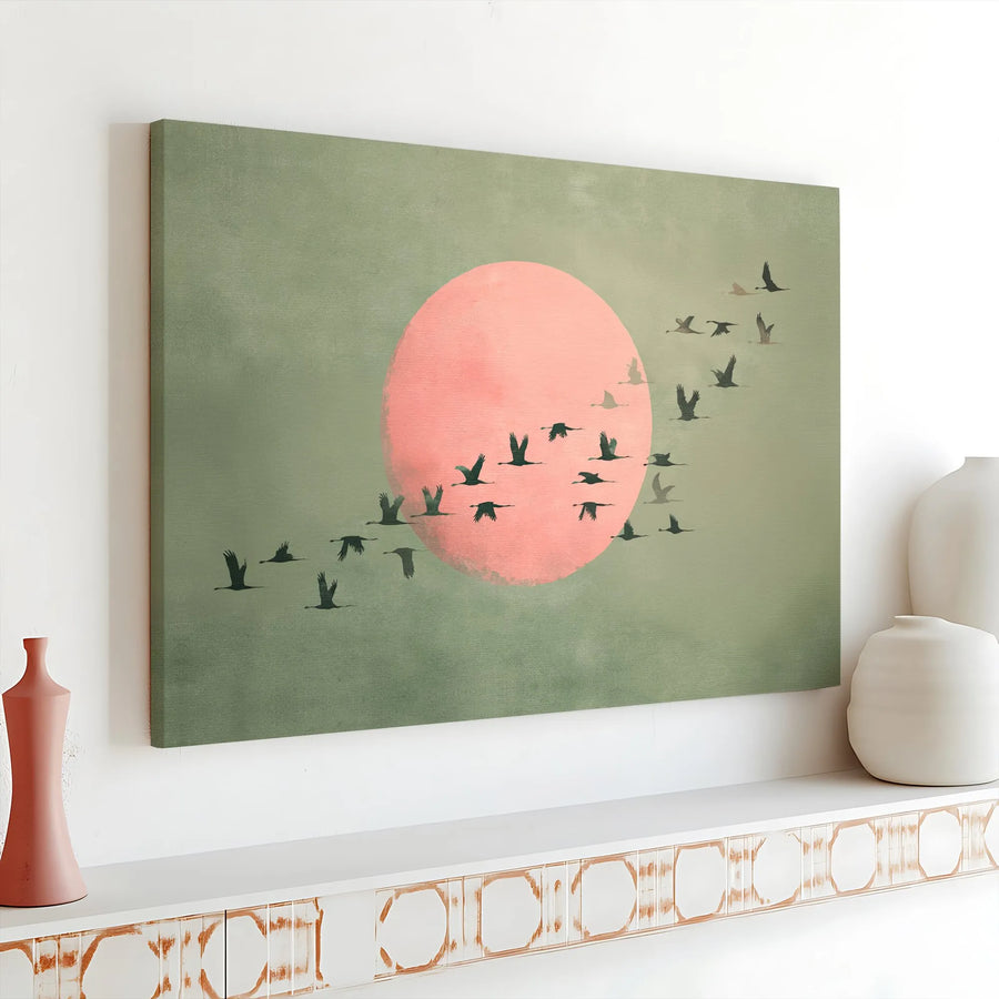 Japandi Birds Canvas Wall Art | Minimalist Crane Flock Over Pink Sun | Premium Matte Canvas Print | Modern Zen Living Room Decor