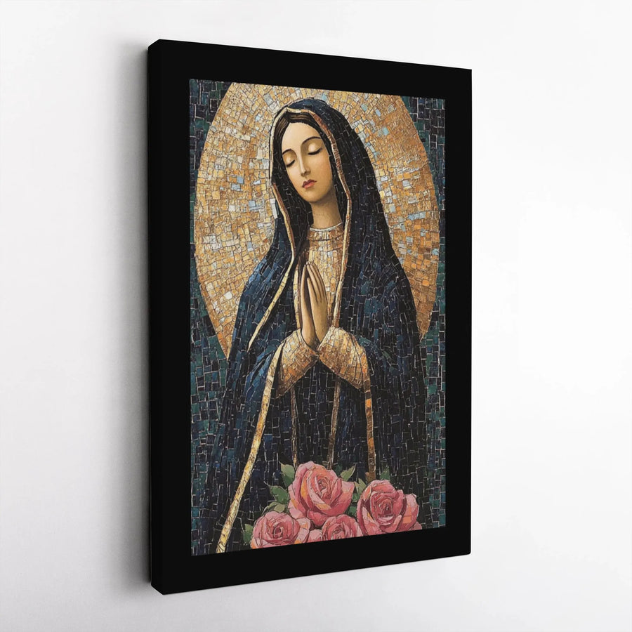 Virgin Mary Wall Art | Religious Mosaic Style Portrait with Roses | Premium Gallery Wrapped Canvas | Catholic Home Decor Gift for Faith