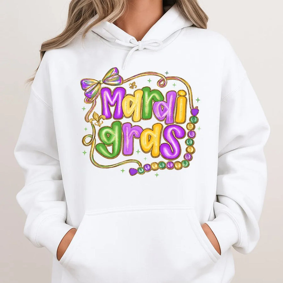 Mardi Gras Hoodie | Carnival Beads & Bow Graphic Design | Premium Cotton Blend | Festive New Orleans Party Apparel Gift For Her