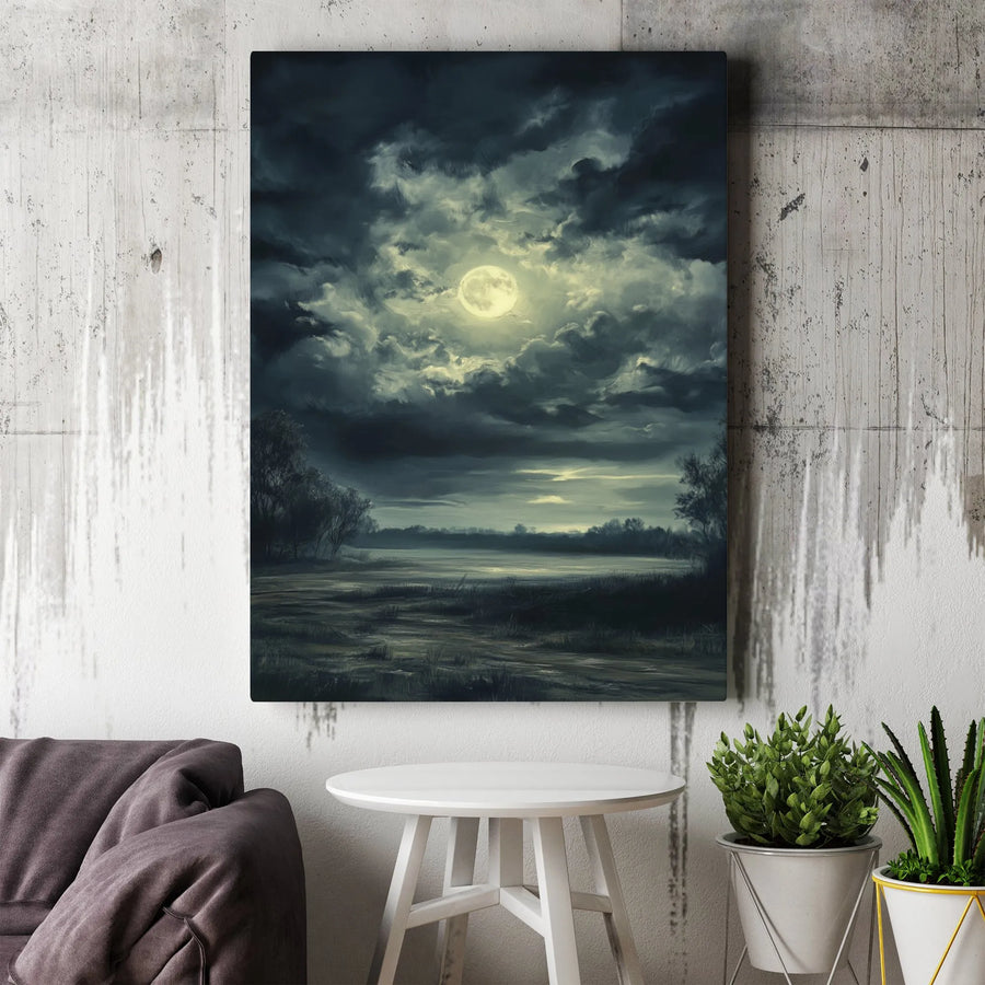 Moody Moonlit Landscape Canvas | Dark Night Cloud Reflection Wall Art | Premium Gallery-Wrapped Print | Modern Atmospheric Home Decor