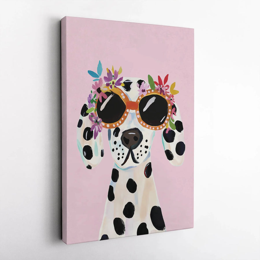 Dalmatian Dog Canvas Print | Whimsical Sunglasses Floral Crown Art | Premium Gallery-Wrapped Wall Decor | Gift for Dog Lovers