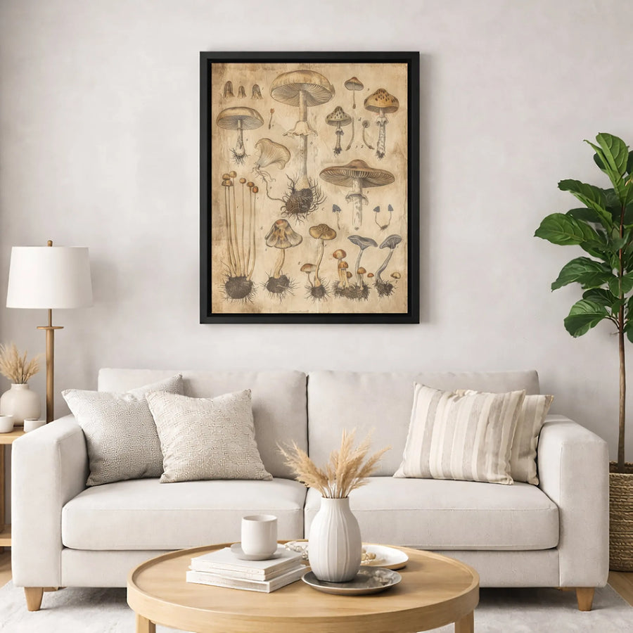 Vintage Mushroom Botanical Print | Scientific Mycology Illustration Chart | Premium Gallery Canvas | Nature Lover Home Decor Wall Art