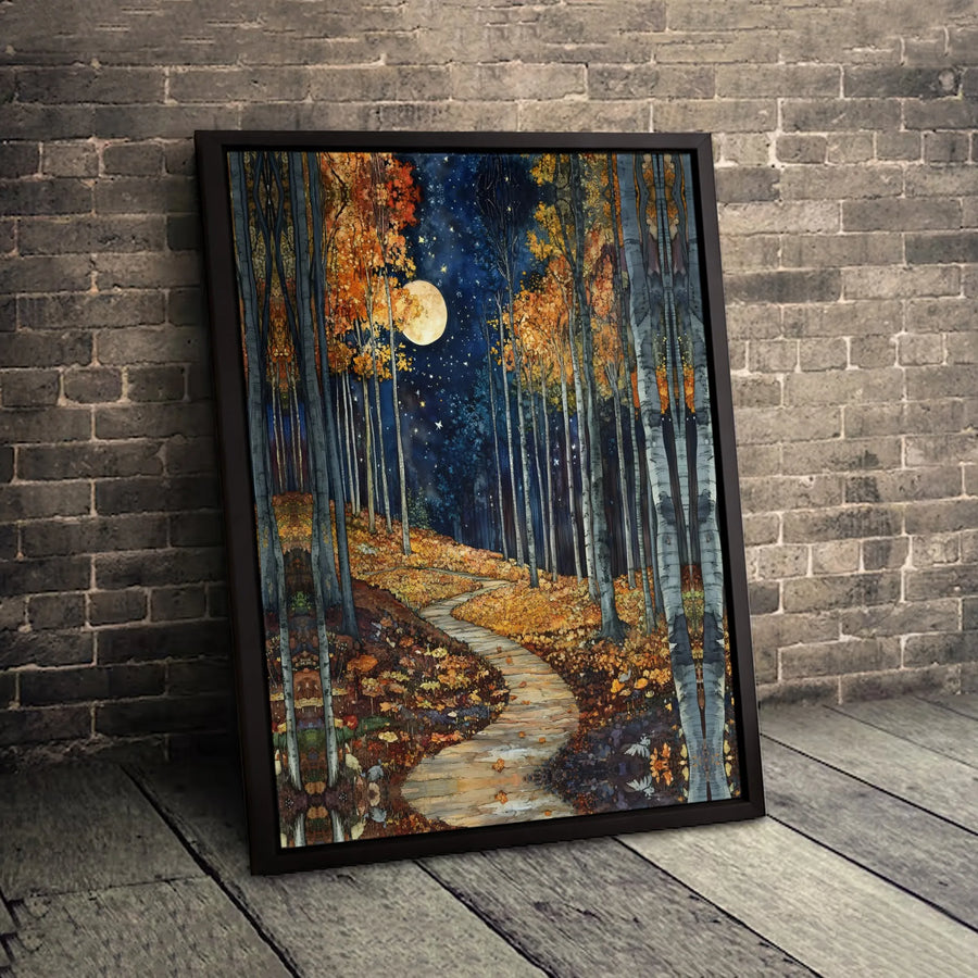 Autumn Forest Canvas Wall Art | Moonlight Path Nature Scene | Premium Gallery Wrap Print | Whimsical Fall Decor for Home