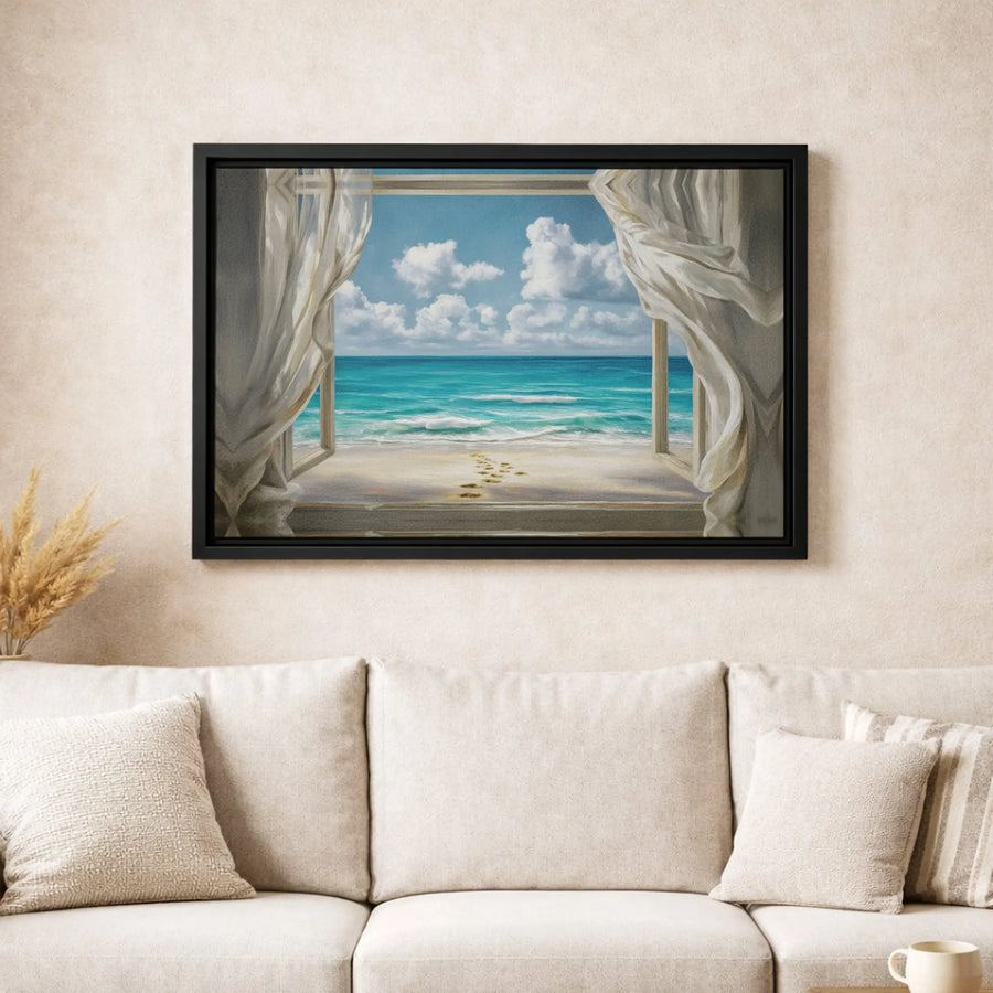 Beach Window Canvas Wall Art | Ocean View With Footprints | Premium Gallery Wrap Print | Coastal Home Decor for Living Room