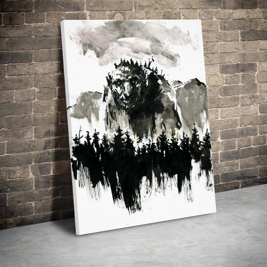 Mountain Giant Vertical Canvas | Abstract Ink Wash Style Art | Premium Gallery Wrapped Print | Collector's Gift for Dark Fantasy Home Decor