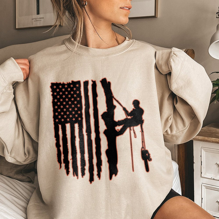 Arborist Tree Climber Sweatshirt | Patriotic American Flag Silhouette Graphic | Premium Cotton-Poly Blend | Professional Logger Gift for Him