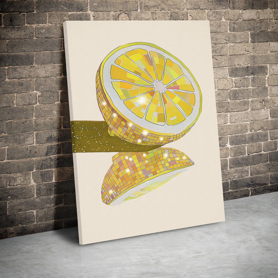 Disco Lemon Wall Art | Retro Mirror Ball Fruit Print | Premium Gallery Wrap Canvas | Aesthetic Kitchen & Bar Decor