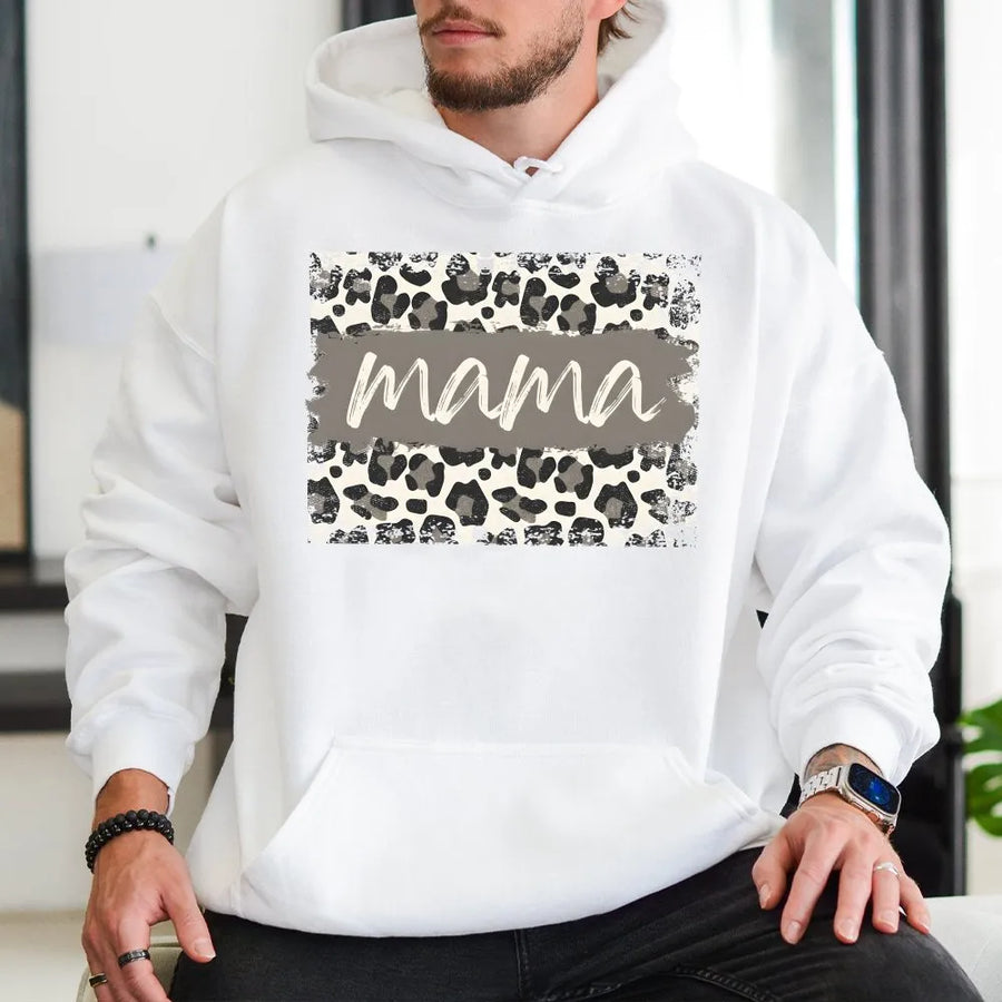 Mama Leopard Print Hoodie | Aesthetic Script Mom Life Design | Premium Cotton Blend | Gift for New Mom, Motherhood Apparel