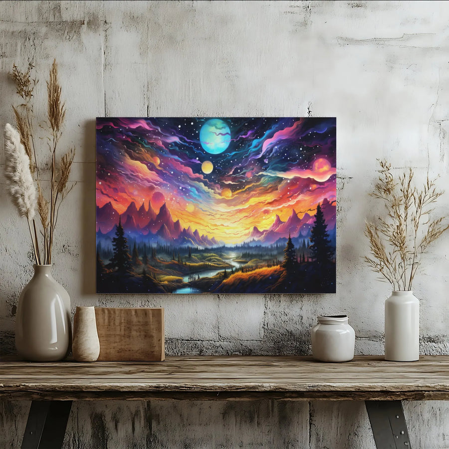 Cosmic Galaxy Mountain Landscape Canvas | Vibrant Surreal Sunset Art | Premium 1.25-Inch Gallery Wrap | Celestial Home Decor Wall Art