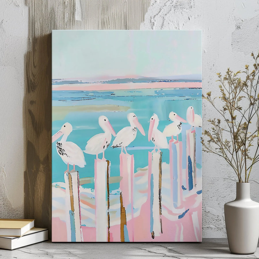 Pelican Beach Canvas Wall Art | Coastal Bird Abstract Painting | Premium Gallery Wrapped Decor | Tropical Ocean Home Interior Gift