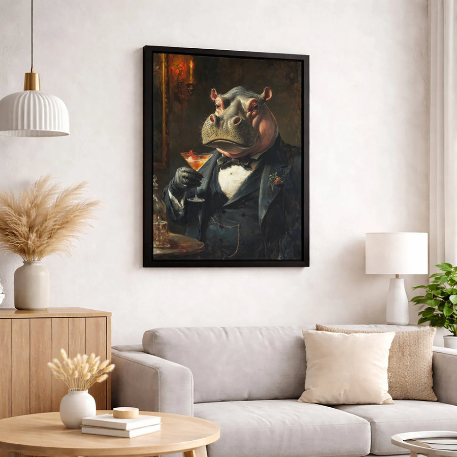 Sophisticated Hippo in Tuxedo Wall Art | Whimsical Animal Portrait | Premium Gallery-Wrapped Canvas | Unique Gift for Bar Decor Enthusiasts