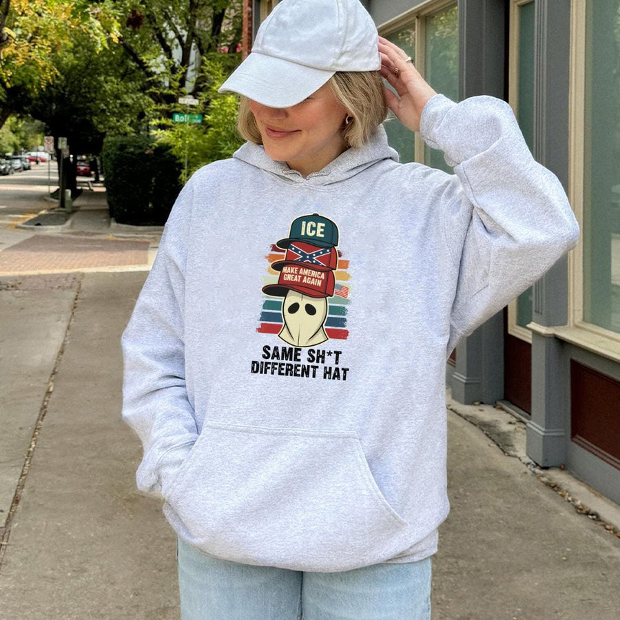Parody Hoodie | Same Sh*t Different Hat Graphic Design | Premium Cotton-Poly Blend | Unisex Satirical Statement Apparel