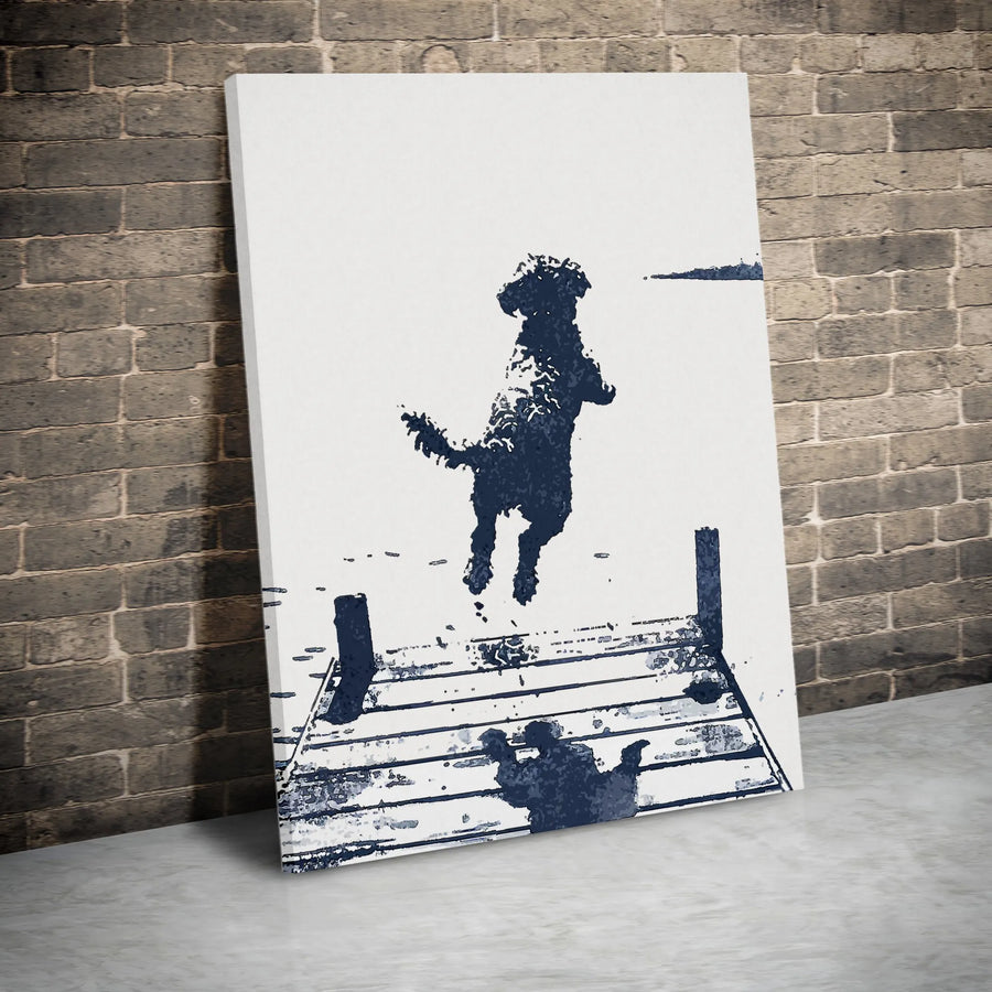 Dog Jumping Off Dock Canvas Print | Minimalist Lake Silhouette Art | 1.25-Inch Gallery Wrap | Premium Home Decor Gift for Dog Lovers