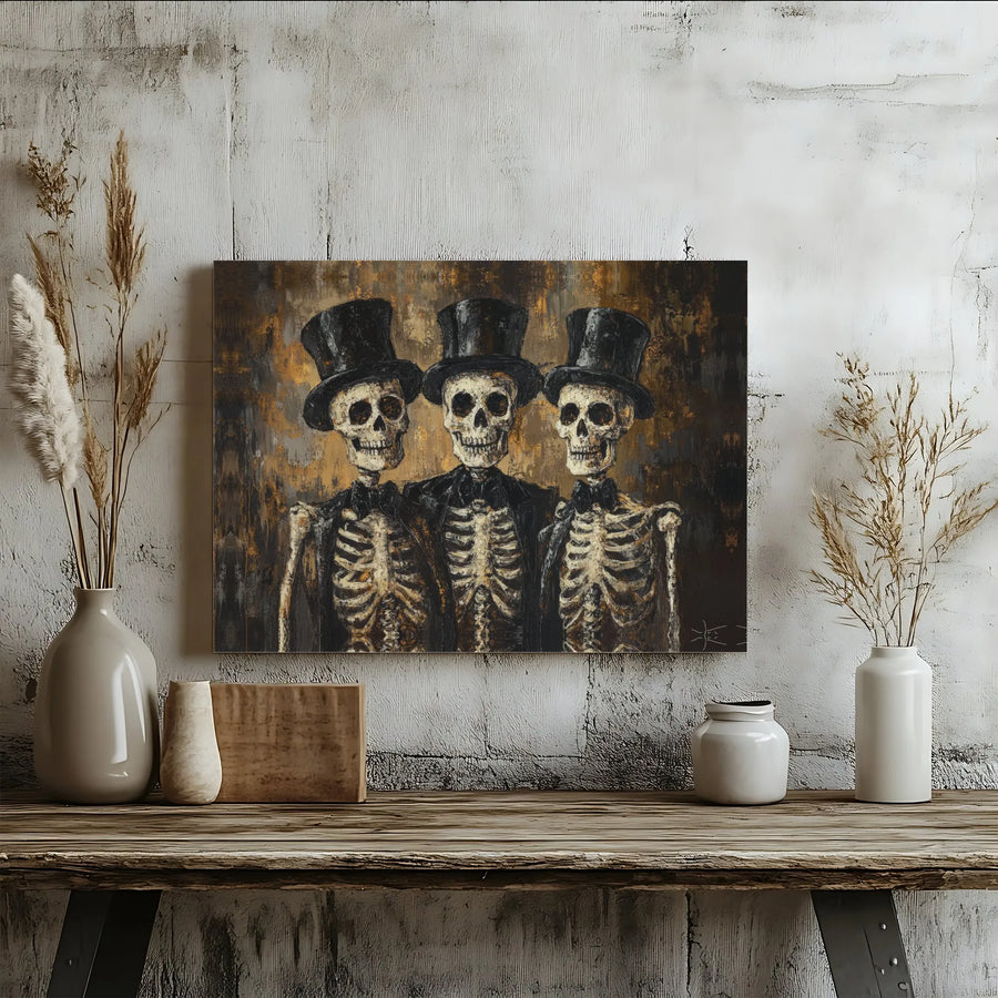 Gothic Skeleton Trio Canvas Art | Vintage Top Hat Design | 1.25 Inch Premium Gallery Wrap | Dark Academia Home Decor Gift