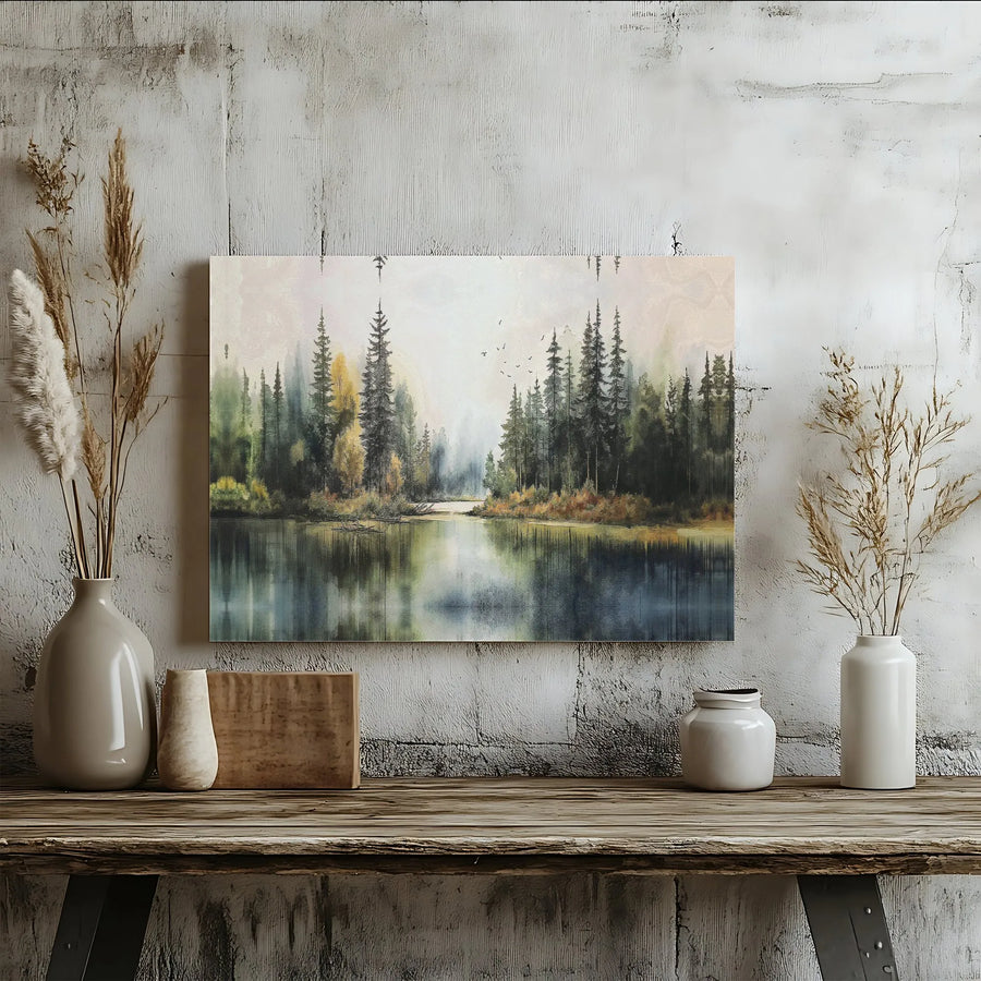 Watercolor Forest Lake Canvas Print | Mist Covered Pine Trees Landscape | 1.25 Inch Premium Gallery Wrap | Serene Nature Wall Art for Home Office